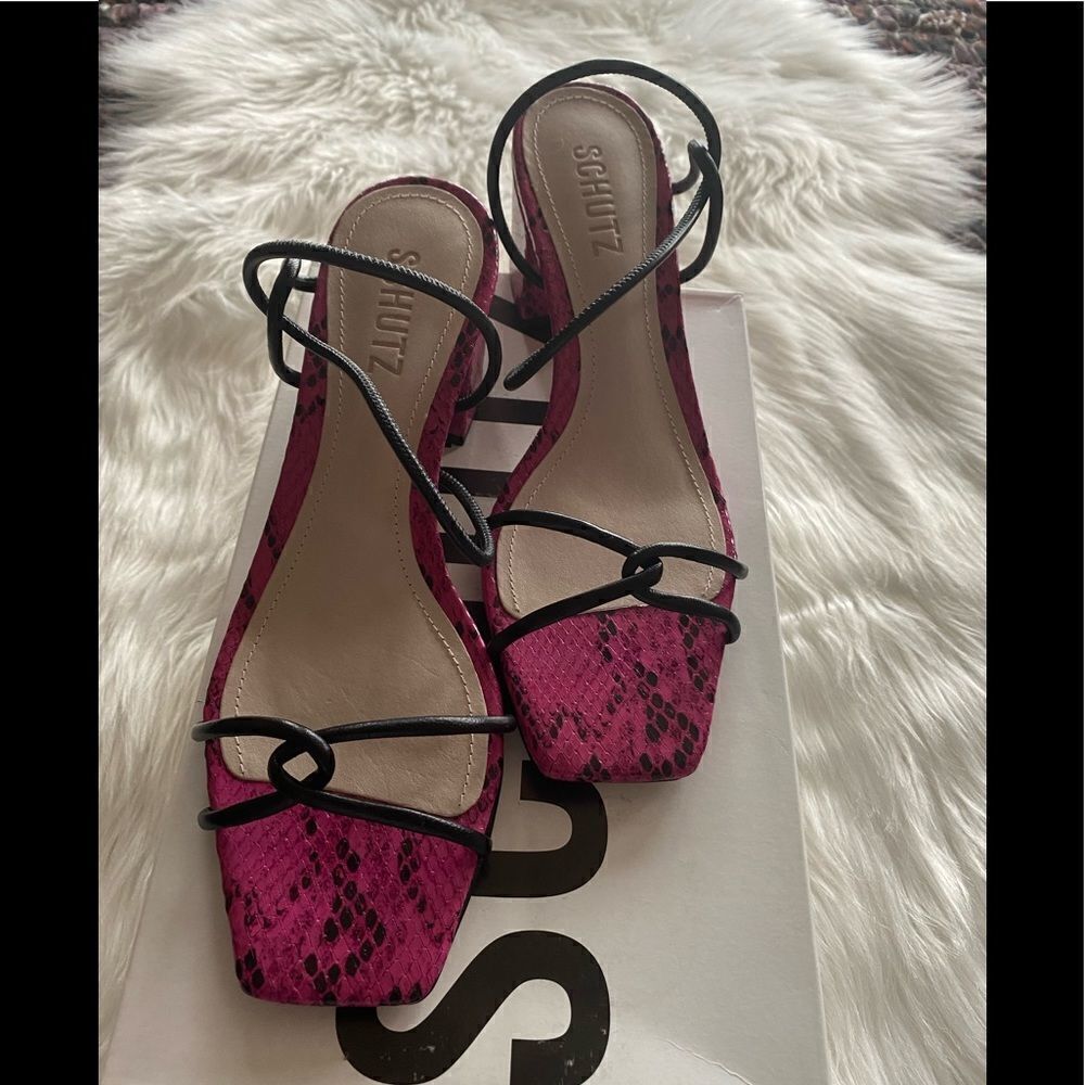 Schutz Ariana Snake Print Square Toe Sandals
